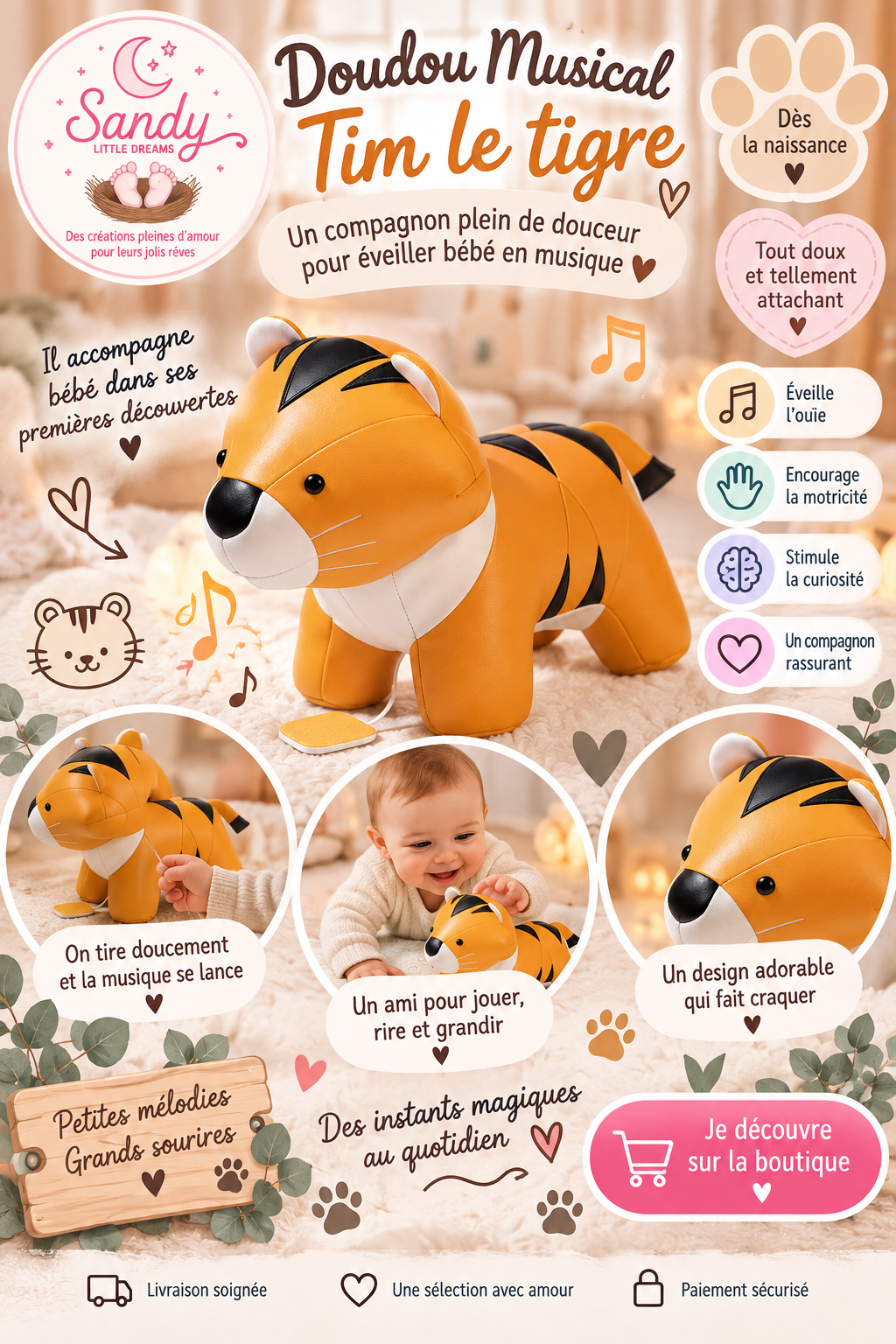 🐯 Doudou musical Tim le tigre