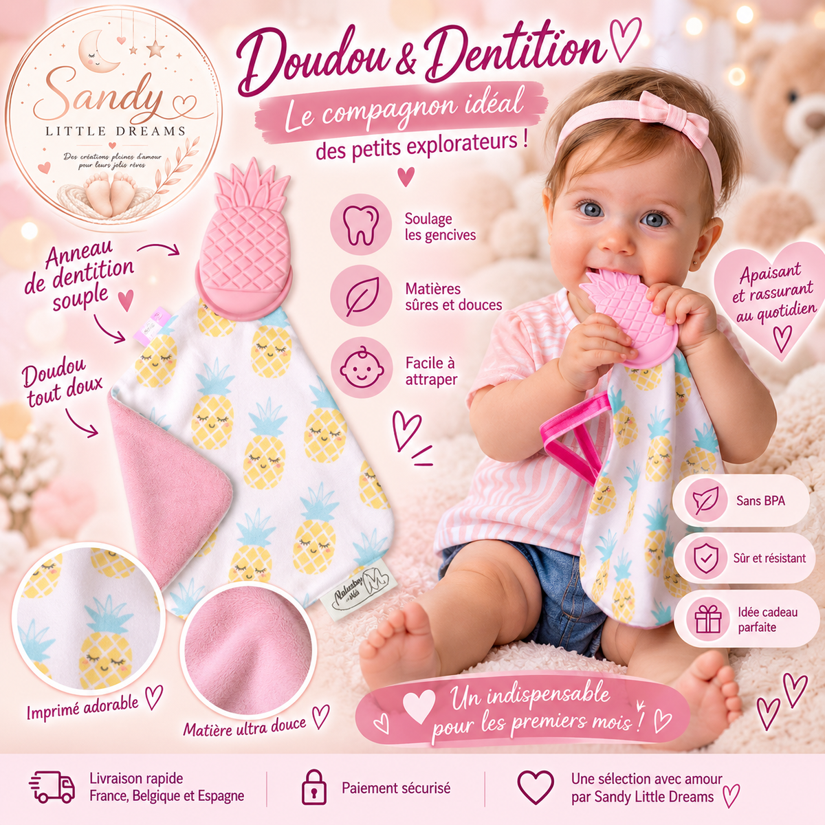 🍍 Doudou & Anneau de Dentition – Ananas