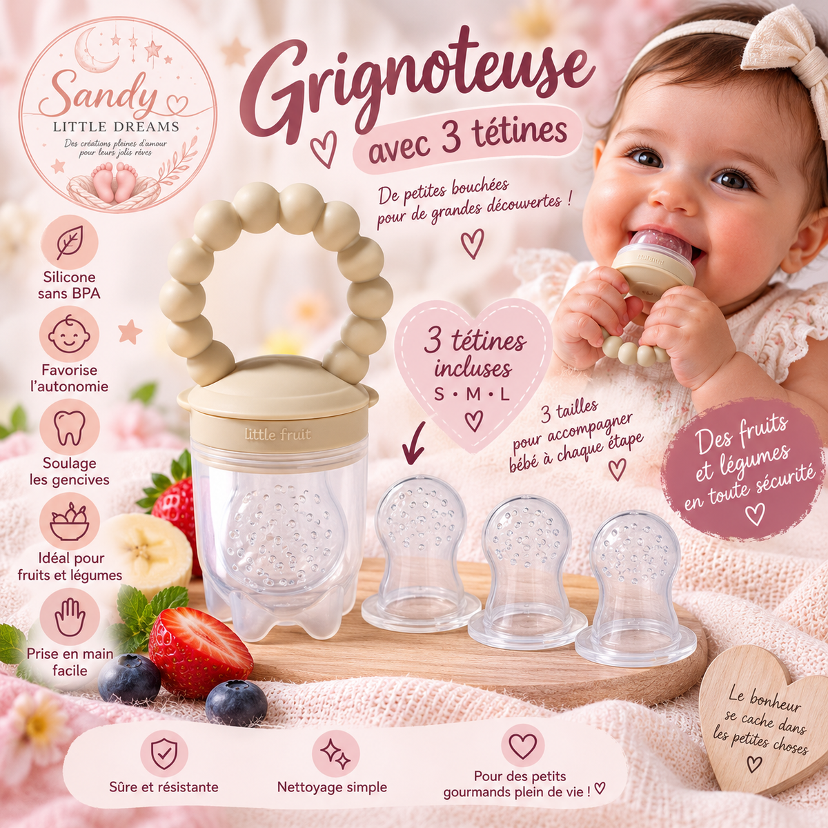 🍼 Grignoteuse avec 3 tétines S, M & L