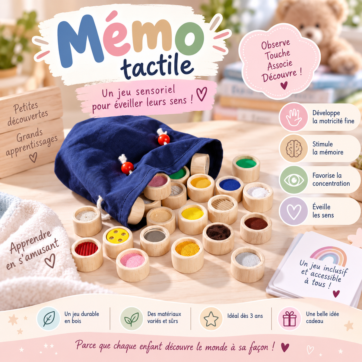 🧸 Mémo tactile – Jeu sensoriel en bois