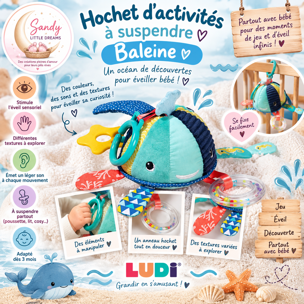 🐳 Hochet d’activités à suspendre Baleine