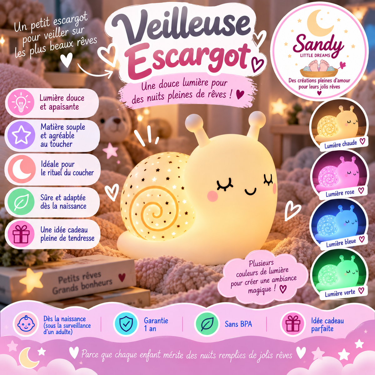 🐌 Veilleuse souple Escargot 🌙✨