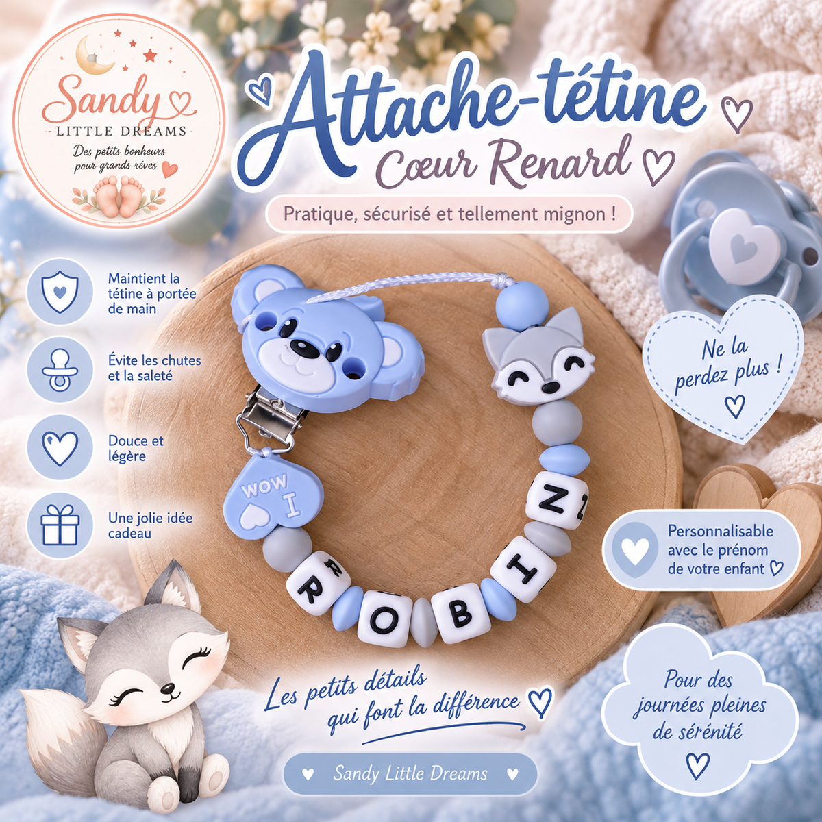 🦊 Attache-tétine Cœur Renard 🩵