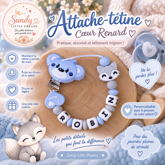 🦊 Attache-tétine Cœur Renard 🩵