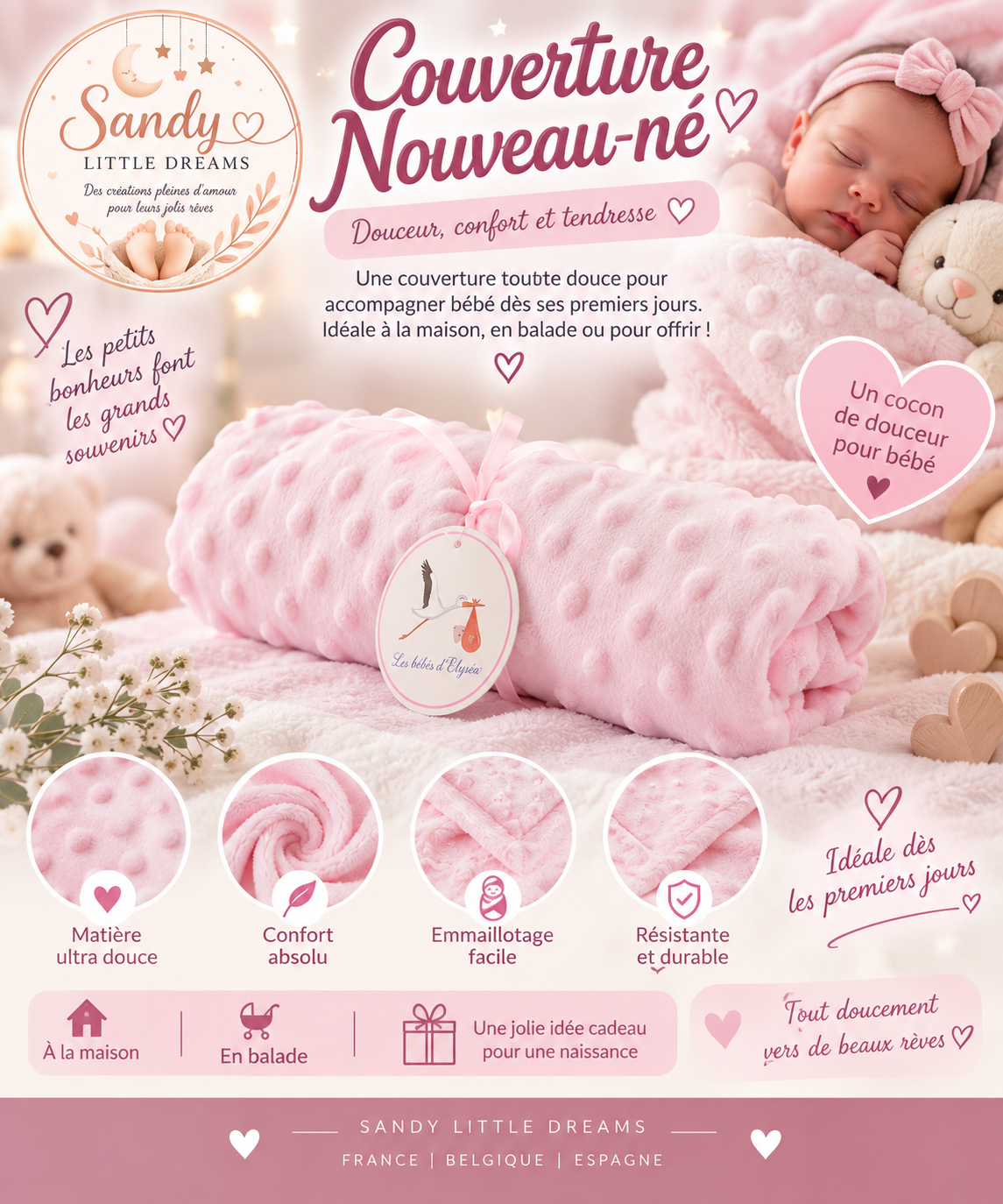 🌸 Couverture Nouveau-Né – Rose poudré