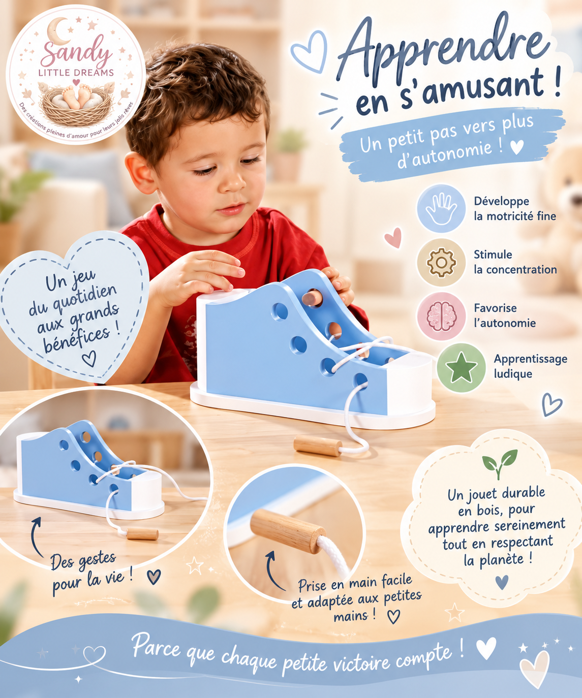 👟 Jeu d’apprentissage à lacer en bois